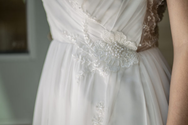 floral wedding dress, wedding dress slit, bridal gown pearls, pearl beaded, gathered chiffon aline