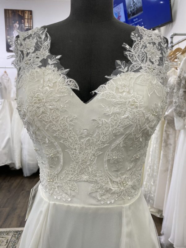 Lace and Satin Gown A line with slit, key hole back, sweetheart bridal neckline, beaded lace bodice, ivory beaded lace skirt,