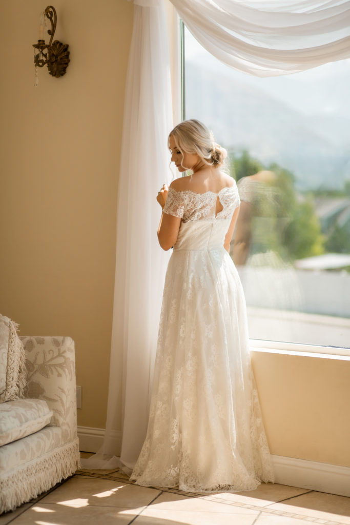 simple lace bridal dress, flat lace, off the shoulder straps, shimmery, crepe and lace