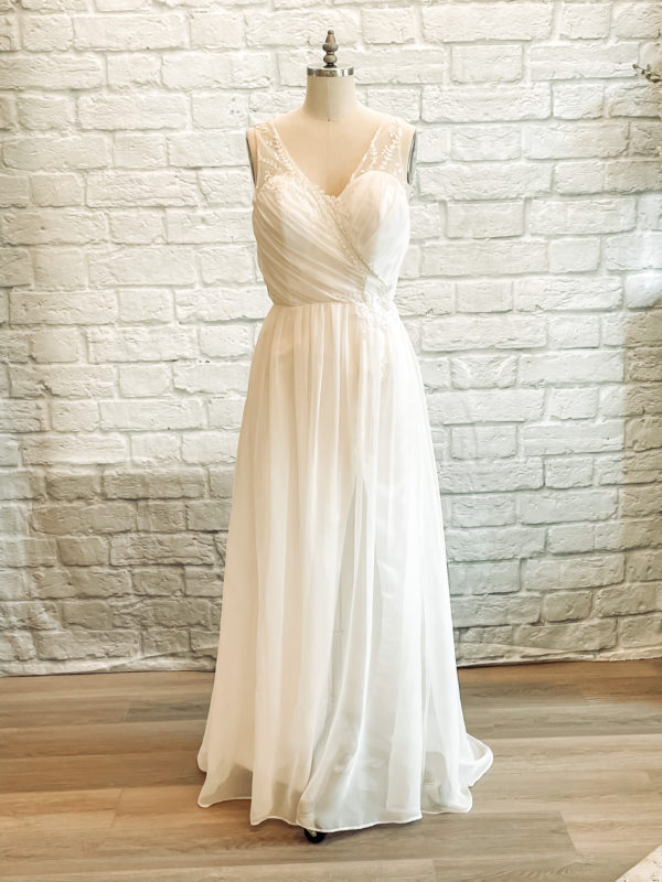 floral wedding dress, wedding dress slit, bridal gown pearls, pearl beaded, gathered chiffon aline