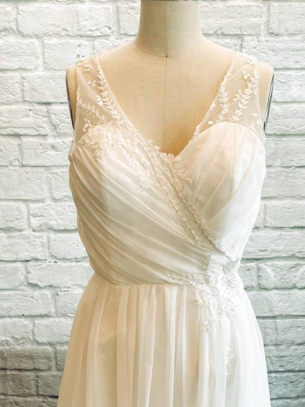 floral wedding dress, wedding dress slit, bridal gown pearls, pearl beaded, gathered chiffon aline