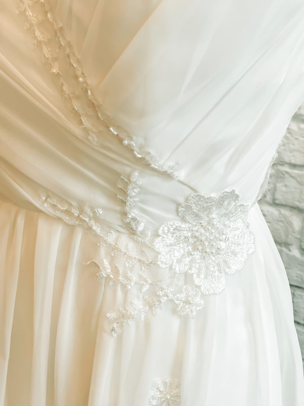 floral wedding dress, wedding dress slit, bridal gown pearls, pearl beaded, gathered chiffon aline