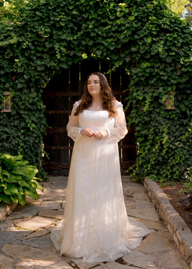 Glitter tulle skirt , square neckline bridal gown